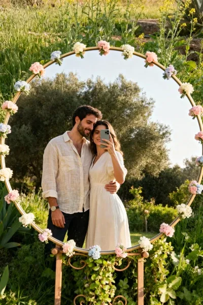 Couple taking garden mirror selfie with floral-decorated mirror