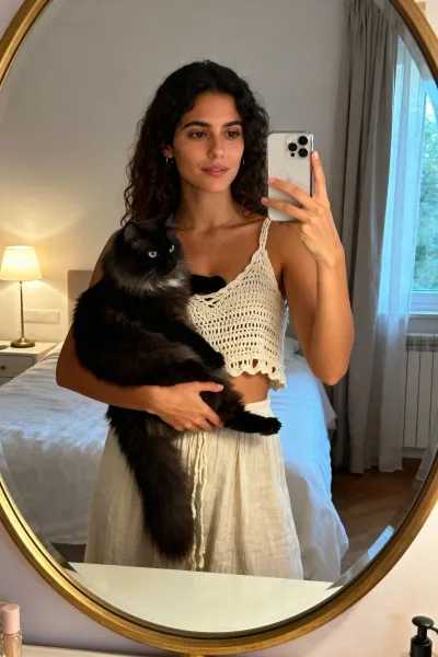Woman holding cat taking bedroom mirror selfie
