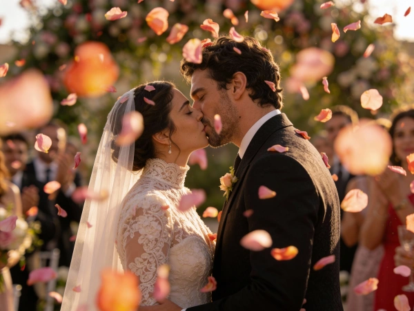 Couple Kissing Under Petals
