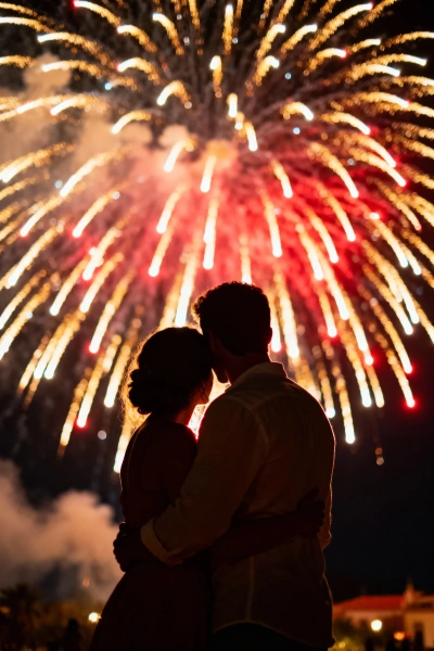 Couple hugging under fireworks.