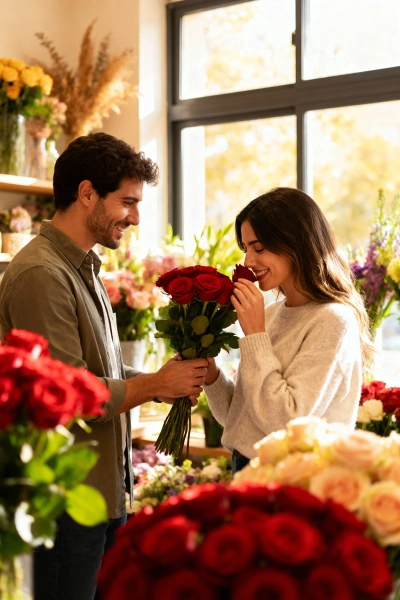 Giving roses in a bright flower shop.