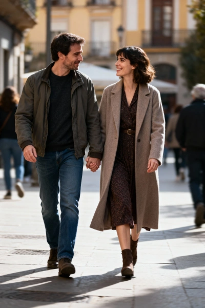Couple walking hand in hand through the city.