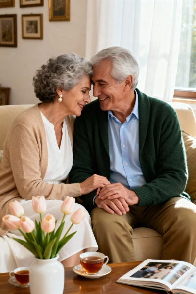 Elderly couple in a warm cream living room.