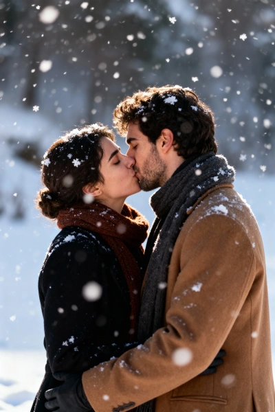 Couple kissing in the snow.