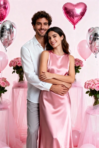 Couple surrounded by pink balloons and hearts.