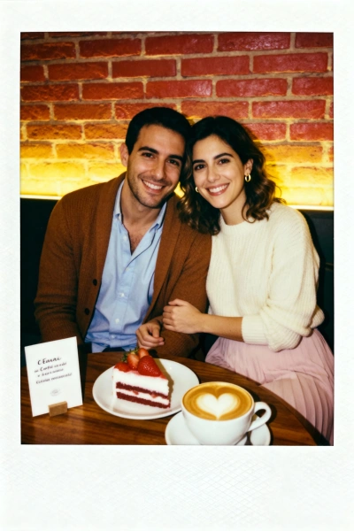 Polaroid-style couple photo in a vintage café.