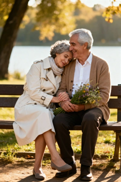 Elderly couple sitting on a park bench.