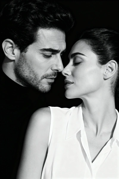 Intimate black-and-white couple portrait.