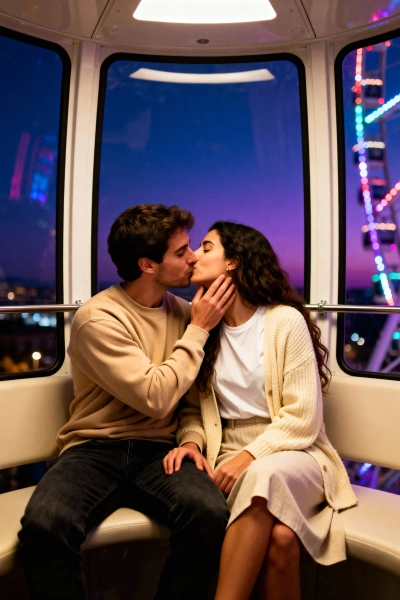 Romantic kiss inside a Ferris wheel cabin.