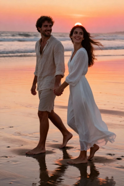 Couple at the beach during sunset.