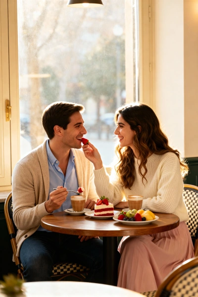 Couple sharing cake in a café.