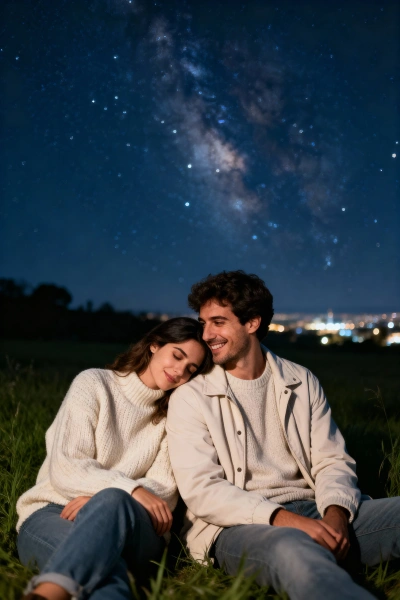 Couple under a calm, starry sky.