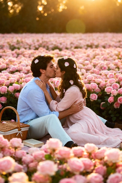 Couple kissing in a sea of pink roses.