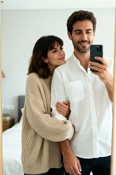 Couple mirror selfie with warm lighting.