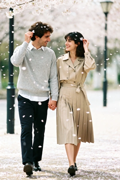Couple walking under cherry blossom petals.