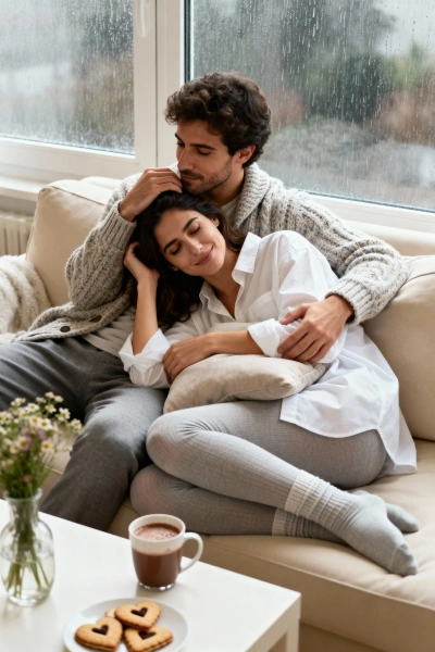 Couple cuddling in a cozy living room.