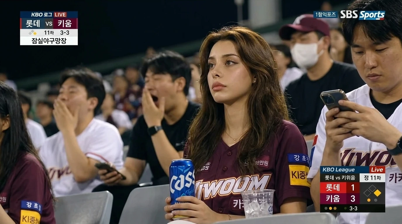 Quiet extra-inning KBO camera shot with thoughtful fan reaction