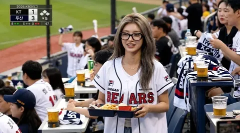 Screenshot di un tifoso di baseball durante una pausa snack spontanea sugli spalti di uno stadio coreano