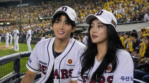 Coppia seduta nei posti laterali lungo la prima base durante una trasmissione KBO