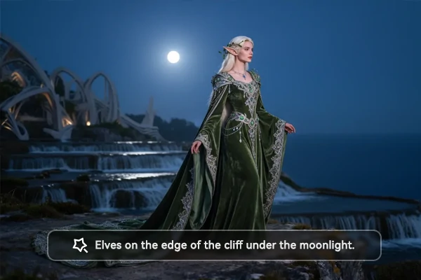 SeaArt creation interface showing text prompt input field with example prompt and resulting highly customized dark elf warrior character