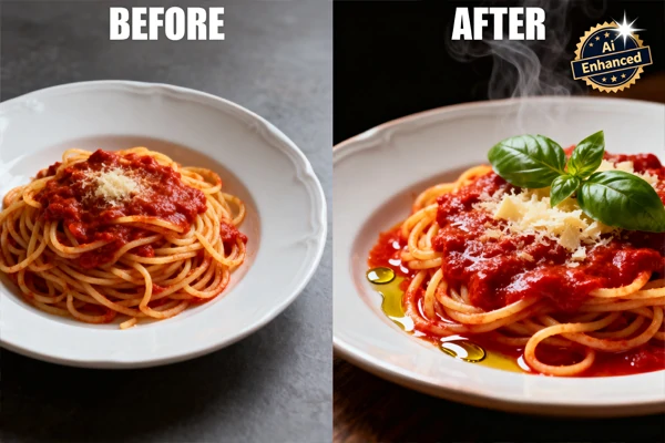 Before and after comparison of a food photo enhanced with AI