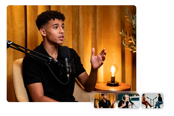 Character selection library showing celebrity, anime, and custom character options for AI podcast hosting