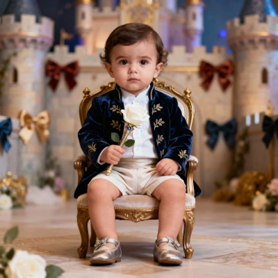 Baby prince on throne with blue jacket and gold details in castle