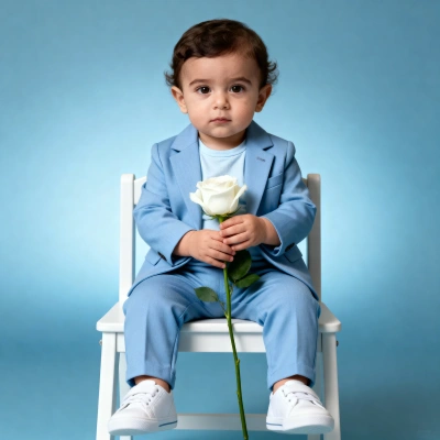 Baby in light blue suit sitting on white chair with rose