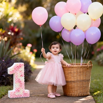 Baby in pink dress next to pastel balloons and decorative number one