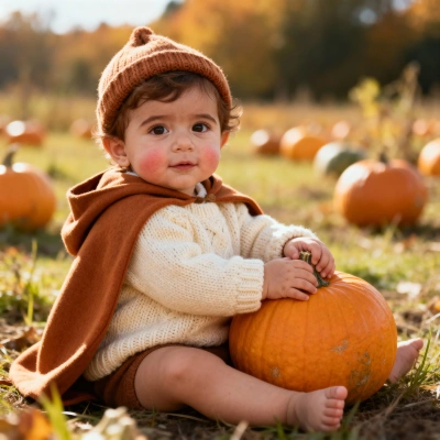 Baby with autumn cape sitting next to pumpkin in patch