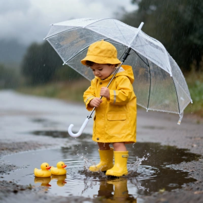 Baby with yellow raincoat playing with umbrella over puddle in rain