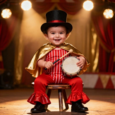Circus star baby with golden cape and drum on vintage stage