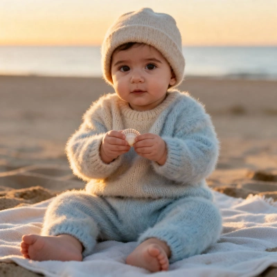 Baby on beach at sunrise with knitted romper and small shell
