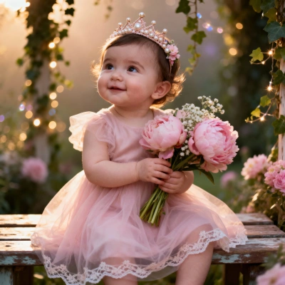 Baby princess with tulle dress and crown in enchanted garden