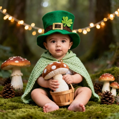 Forest elf baby with mushrooms and warm blurred lights