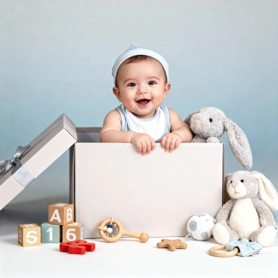 Baby in toy box with blocks and plush toys in studio