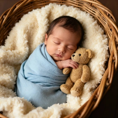Newborn wrapped in blue blanket hugging teddy bear in basket