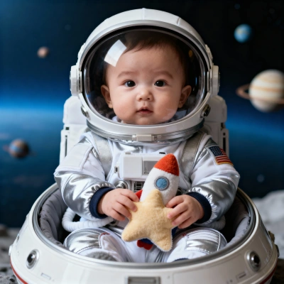 Baby astronaut with visible helmet holding plush star in space