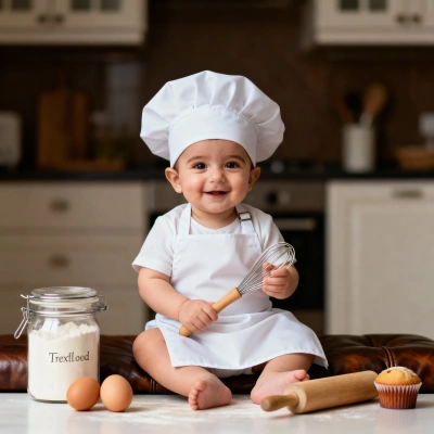 Baby chef with apron and hat next to pastry utensils