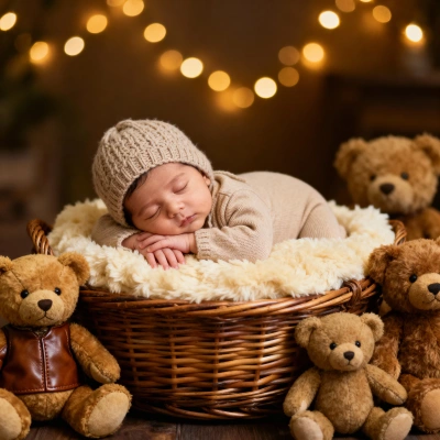 Sleeping baby in wicker basket surrounded by teddy bears with warm bokeh