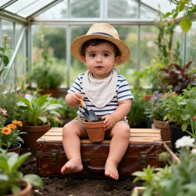 Baby gardener with straw hat and plant pot in greenhouse