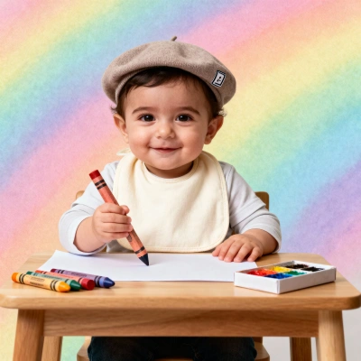 Little baby artist with beret painting on table with pastel colors