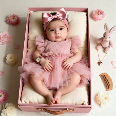 Baby in pink doll-style box with tulle dress and bow
