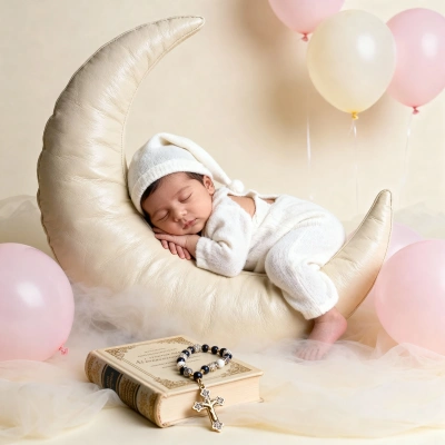 Sleeping baby on crescent moon with pastel balloons and soft light