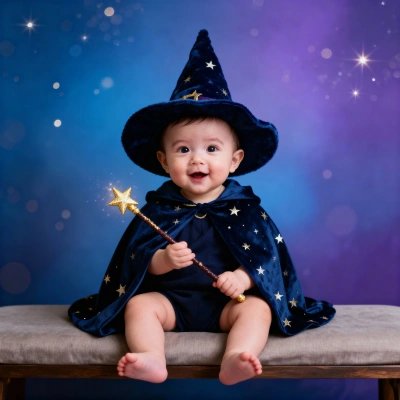 Baby wizard with starry cape and wand on violet background