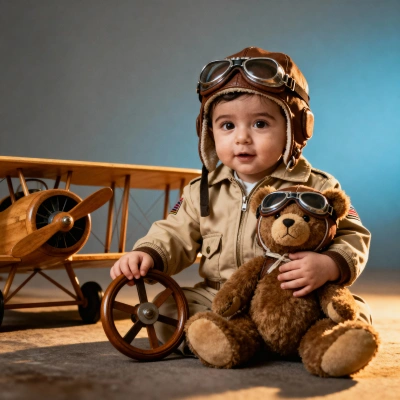 Baby aviator with hat and goggles next to toy airplane