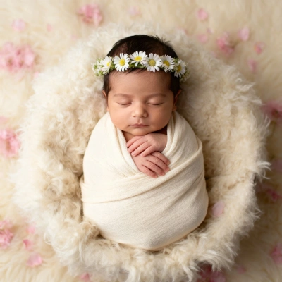 Newborn girl wrapped in cream blanket with spring floral crown