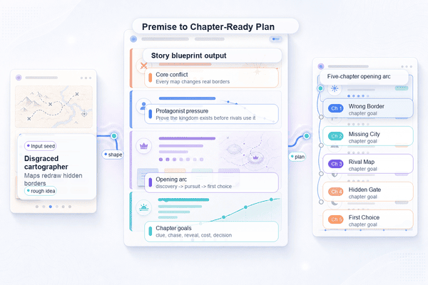 Premise card flowing into planning panels for title, conflict, opening arc, and chapter goals