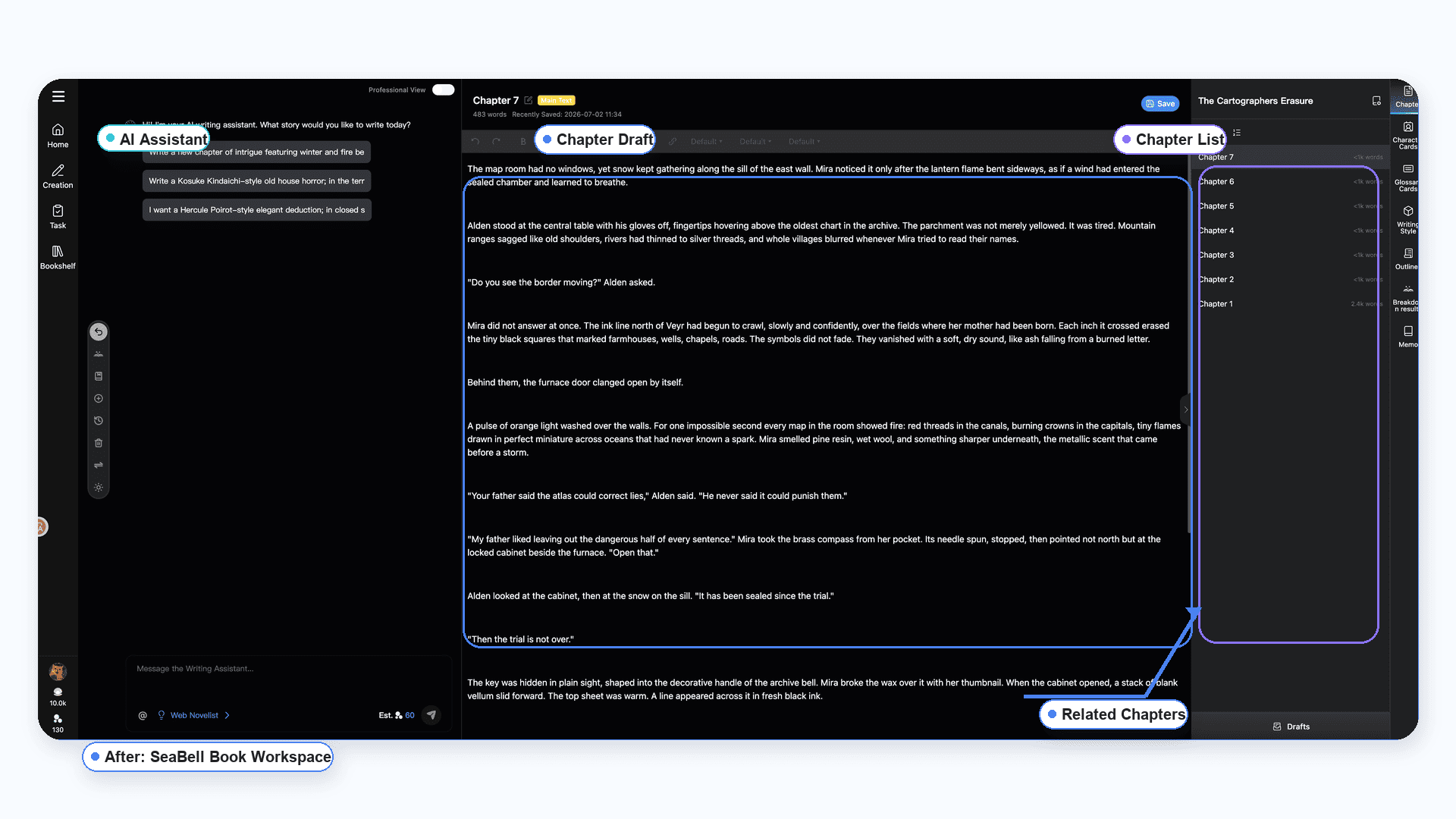 SeaBell three-panel book workspace connecting chapter draft, assistant output, and story assets