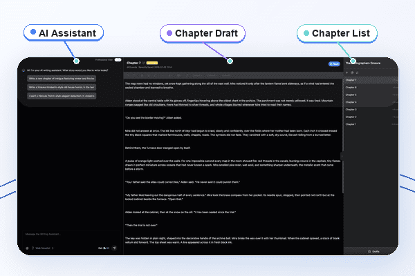 SeaBell workspace loop showing assistant output, chapter draft, and story assets sidebar